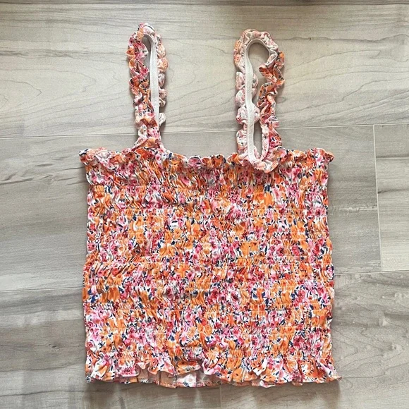 Old Navy Orange Floral Smocked Ruffle Strap Crop Top - Picture 1 of 4